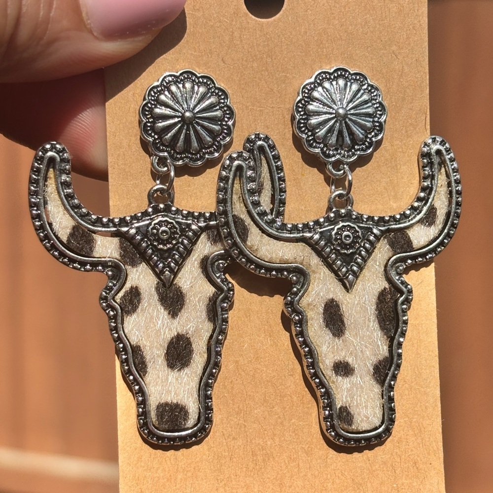 Cowhide Bull Head Statement Earrings - Black & Cream